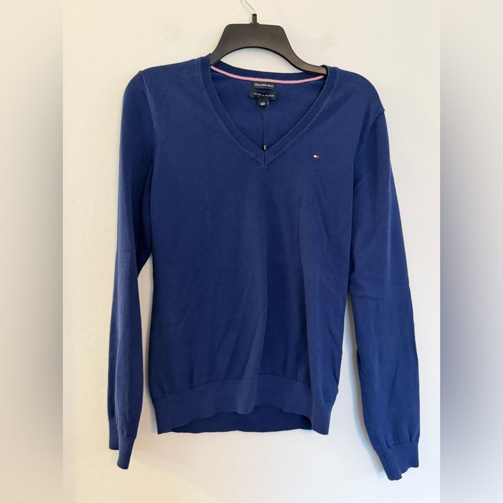 Tommy Hilfiger Navy Pima Cotton V Neck Sweater - Womens Size Large